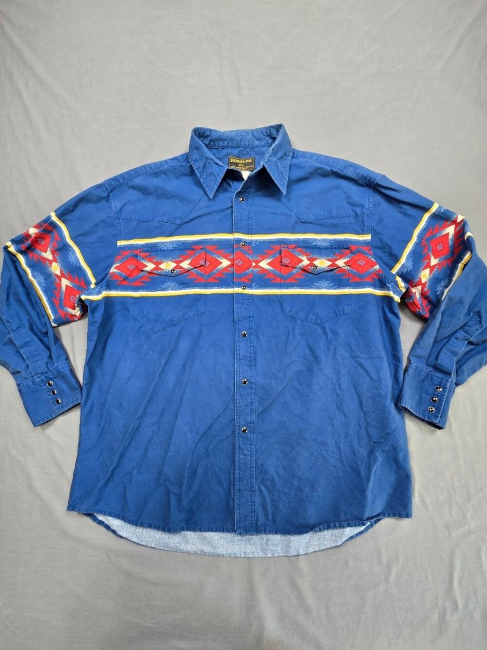 Rustler XL Mens Button Up Western Shirt Blue Red Aztec Pattern Black Pearl Snap